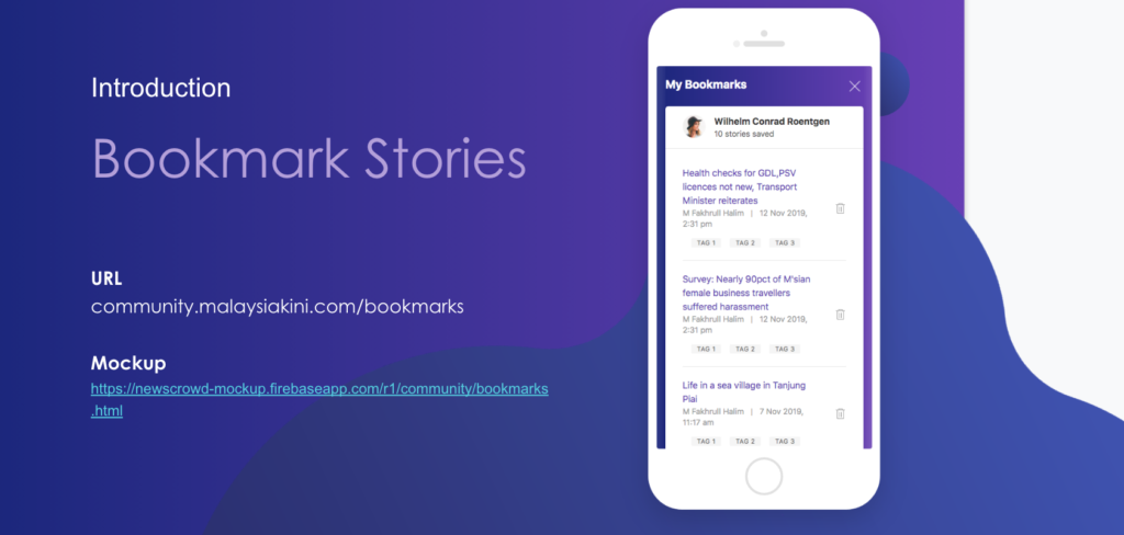 An image showing a mobile interface of Kini Community's "Bookmark Stories" feature which includes a icon people can click on to save a story to their profiles. 